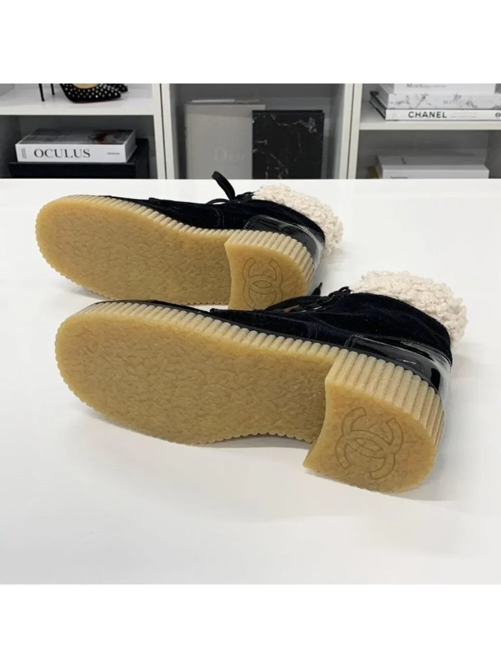 Chanel CC Logo Fabric Patent Fleece Short Boots